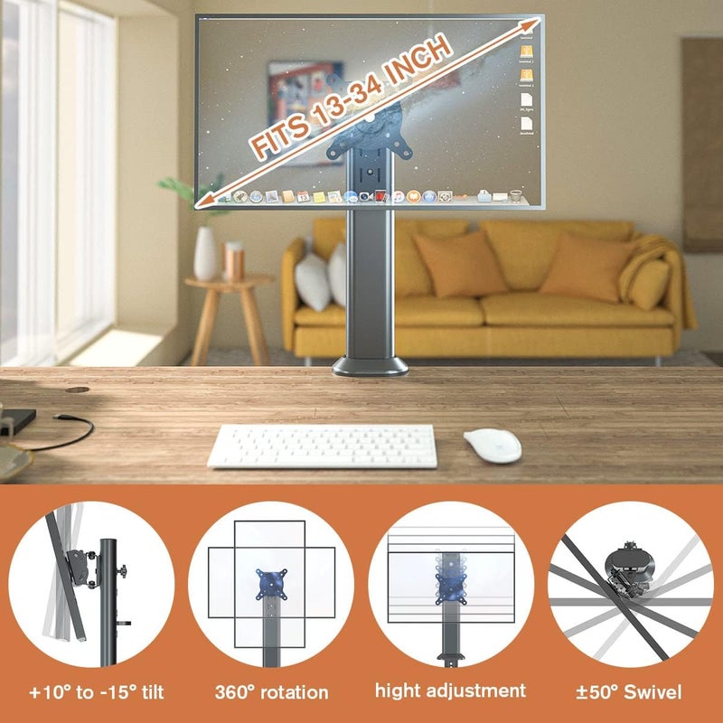 Hemudu Single Desk Monitor Arm Mount Stand Fit for 13 inch to 32 inch Flat Curved Computer Screen with Swivel, Height Adjustable, Rotation,Holds up to 77lbs, Black - Image 2